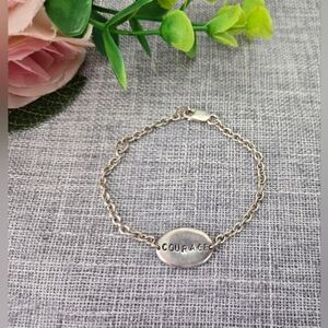 Vintage Unisex‎ Sterling Silver “Courage ” Oval bar Chain Bracelet 7" 8.2g